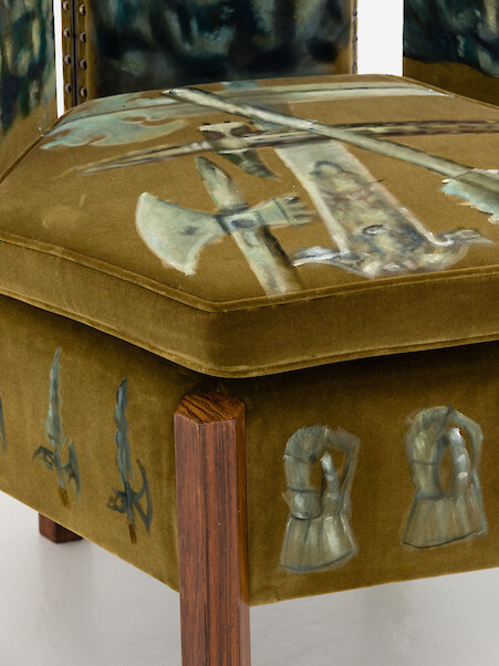 Detail View, *What if you showed up*, 2021, Oil on velvet upholstered modular sofa system (Carlo Scarpa c. 1930), rosewood, brass, Overall installed dimensions variable