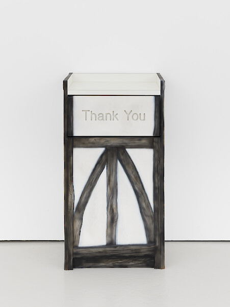 *Thank You (Modern Age)*, 2022, Painted MDF, laminate, waste bin, 97 x 52.5 x 40 cm