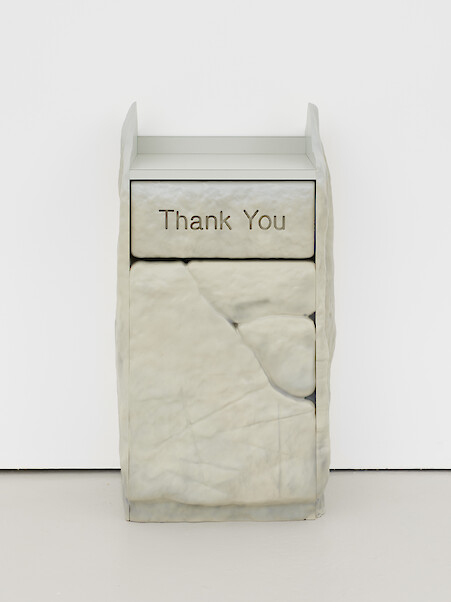 *Thank You (Neolithic)*, 2022, Painted MDF, laminate, waste bin, 107.5 x 61.5 x 40 cm
