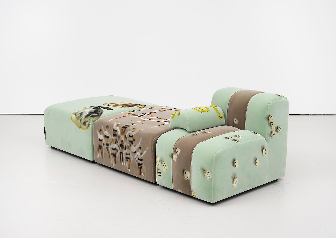 *Furni 1*, 2023, Sculpture: oil on velvet upholstered modular sofa system, 72 x 220 x 90 cm overall