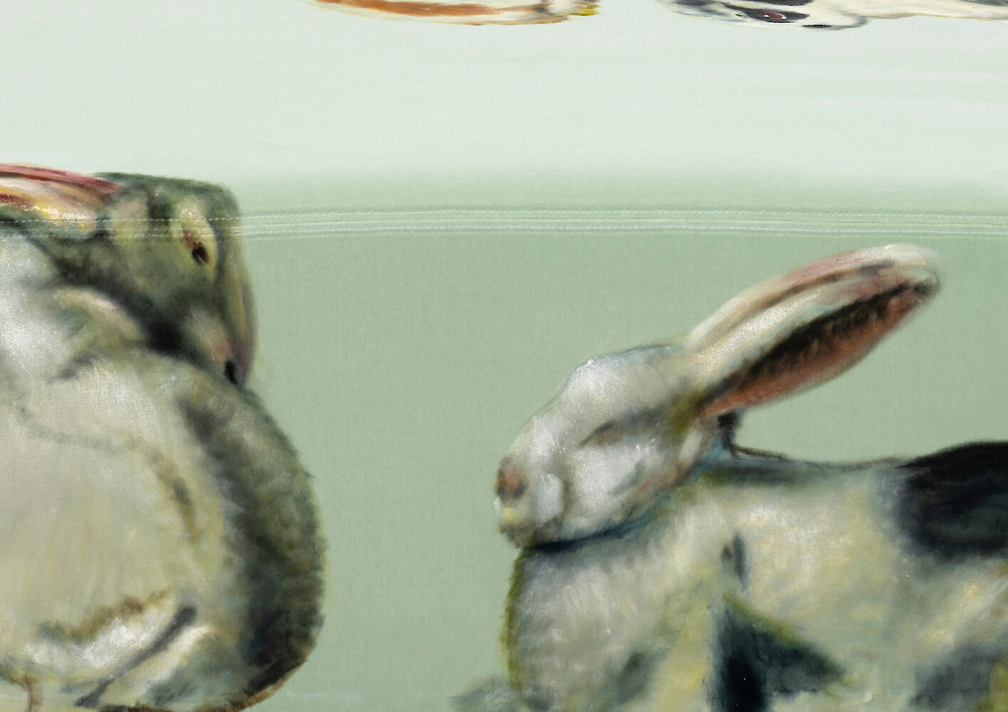 Detail View, *Furni 1*, 2023, Sculpture: oil on velvet upholstered modular sofa system, 72 x 220 x 90 cm overall