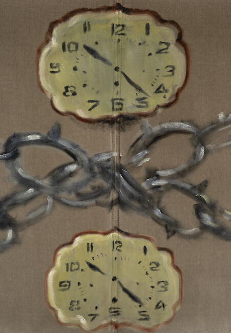 Detail View, *Furni 4*, 2023, Sculpture: oil on velvet upholstered modular sofa system, 73 x 150 x 90 cm overall