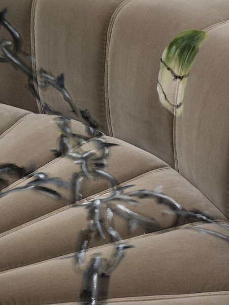 Detail View, *Furni 4*, 2023, Sculpture: oil on velvet upholstered modular sofa system, 73 x 150 x 90 cm overall