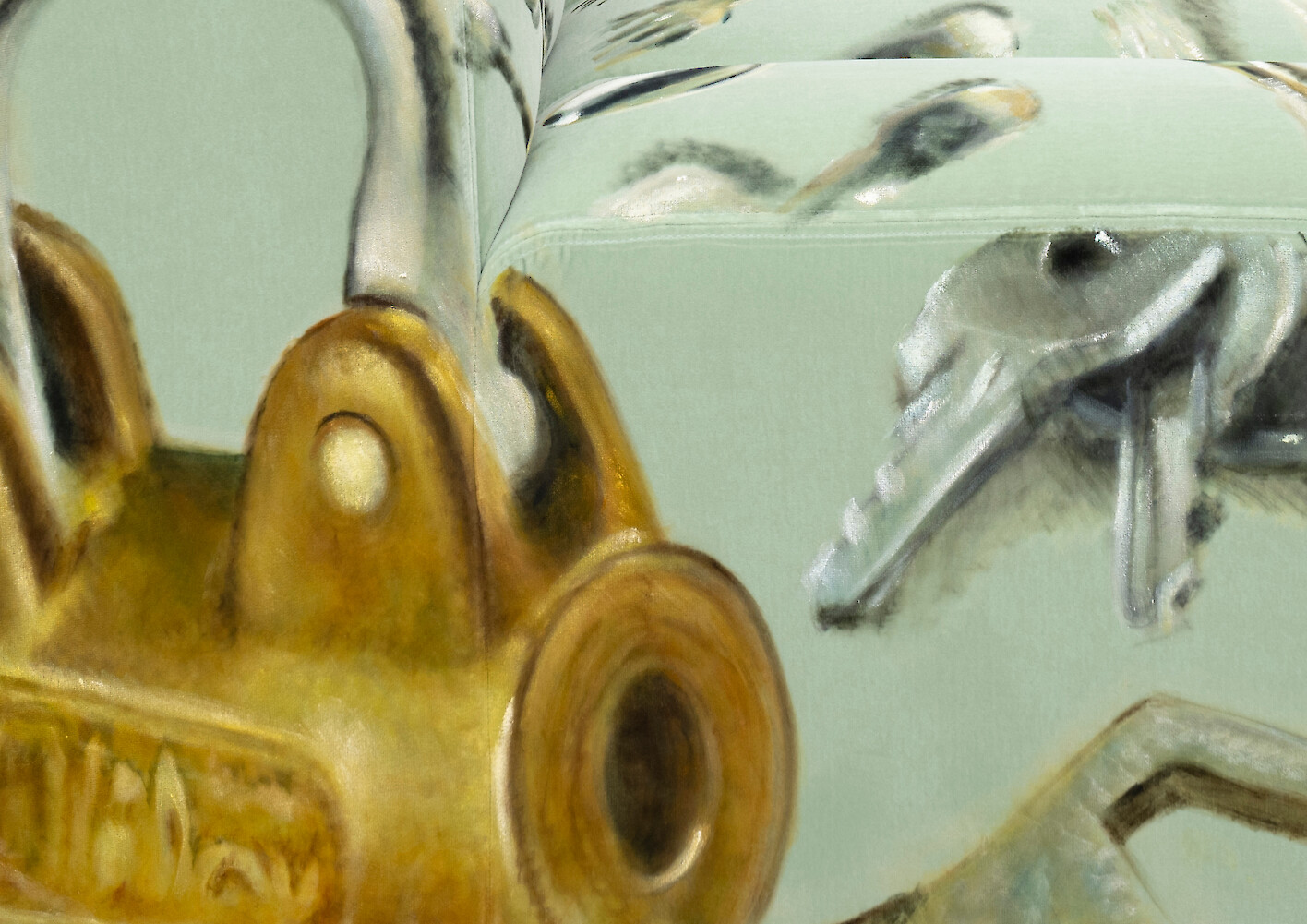 Detail View, *Furni 3*, 2023, Sculpture: oil on velvet upholstered modular sofa system, 72 x 60 x 90 cm cm overall