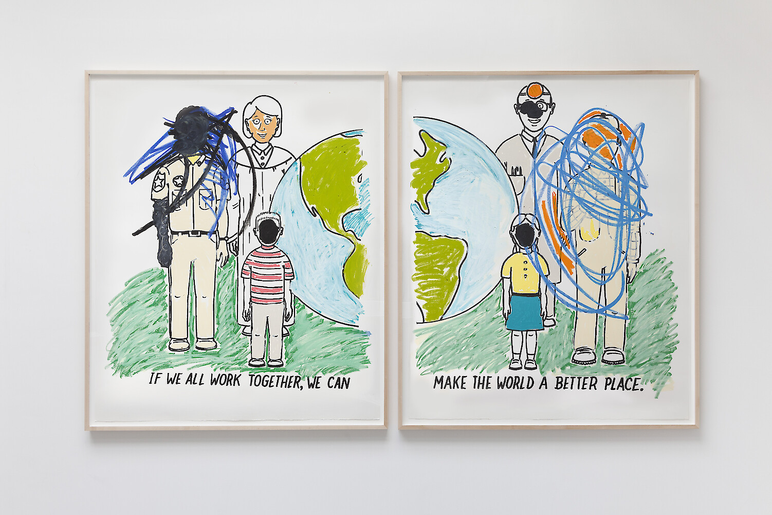 *Coloring Book 36*, 2019, Silkscreen ink and oil stick on paper, 152.4 x 127 cm (60 x 50 in) each of two panels; 162 x 302.5 cm (63 3/4 x 119 in) framed, overall installed