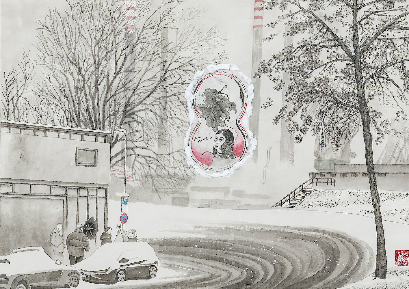 Detail View, Evelyn Taocheng Wang, *Eight View of Oud-Charlois, No.1,* 2019, mineral color, tea, acrylic on rice paper, 63.7 x 123.5 x 5 cm framed