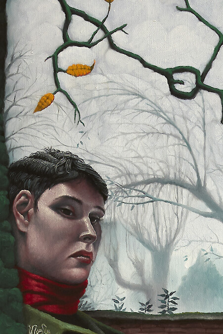 Detail View, *Travelling secrets,* 2019, Oil and ink on linen, 180 x 140 cm