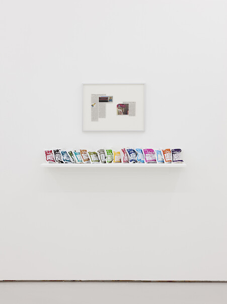 *Media Is A Plural Word*, 2018, inkjet on newsprint, McDonald's Happy Meal toys, MDF board, 41.5 x 55 x 2.5 cm