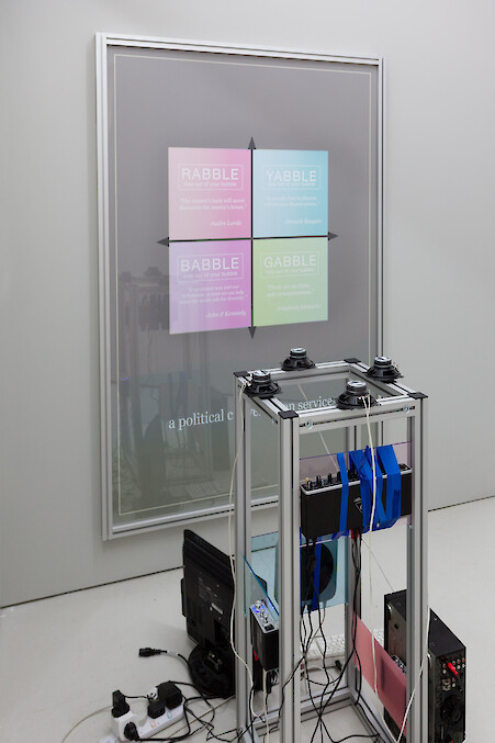 *Babble Box*, 2017, Extruded aluminium, acrylic panels, audio equipment, research samples from test conversations, 105 x 56 x 44 cm