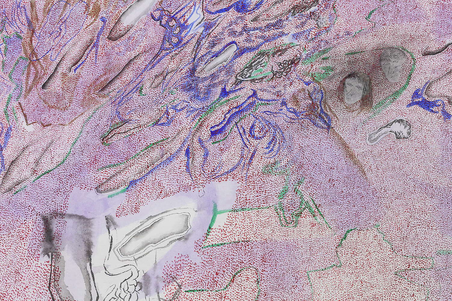 Detail View, *Untitled-Platypus, Divisionism, Proletariat*, 2013-2014, ink, pencil, tea, mineral color, flower powder, acrylic color, water color, ink, raw rice paper, mounted on japanese rice paper, 33 x 470 cm