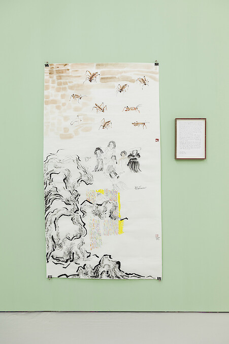 *A Female Grasshopper Shits Behind A Fake Hill*, 2017, ink, mineral color on rice paper, 180 x 96 cm & pencil on A4 paper, 30 x 21 cm