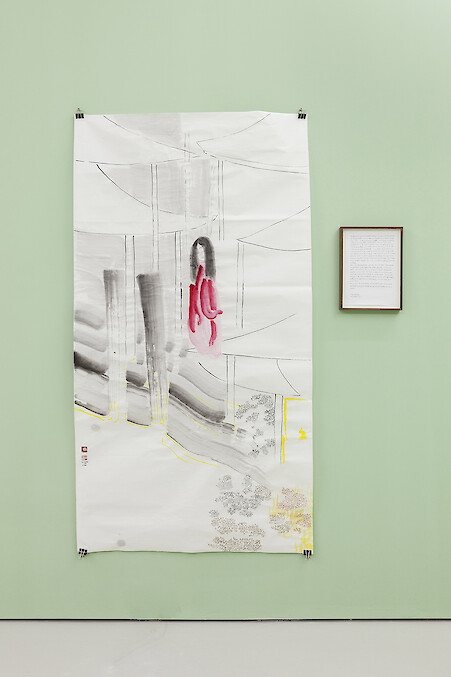 *Someone Mysterious Hung Herself Up Among Towers*, 2017, ink, mineral color on rice paper, 180 x 96 cm & pencil on A4 paper, 30 x 21 cm