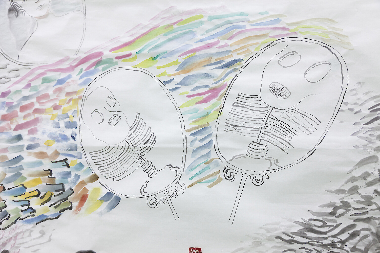 Detail View, *Who is going to burn my love-affair Mirror?!*, 2017, ink, mineral color on rice paper, 180 x 96 cm & pencil on A4 paper, 30 x 21 cm