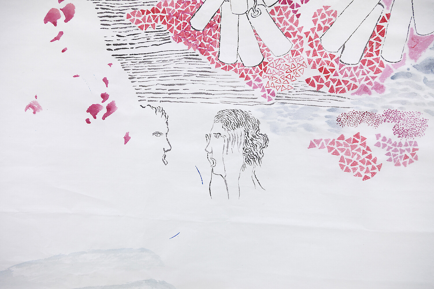 Detail View, *Puzzle Game With Different Objects Indicate Women's Tragedy Future*, 2017, ink, mineral color on rice paper, 180 x 96 cm & pencil on A4 paper, 30 x 21 cm