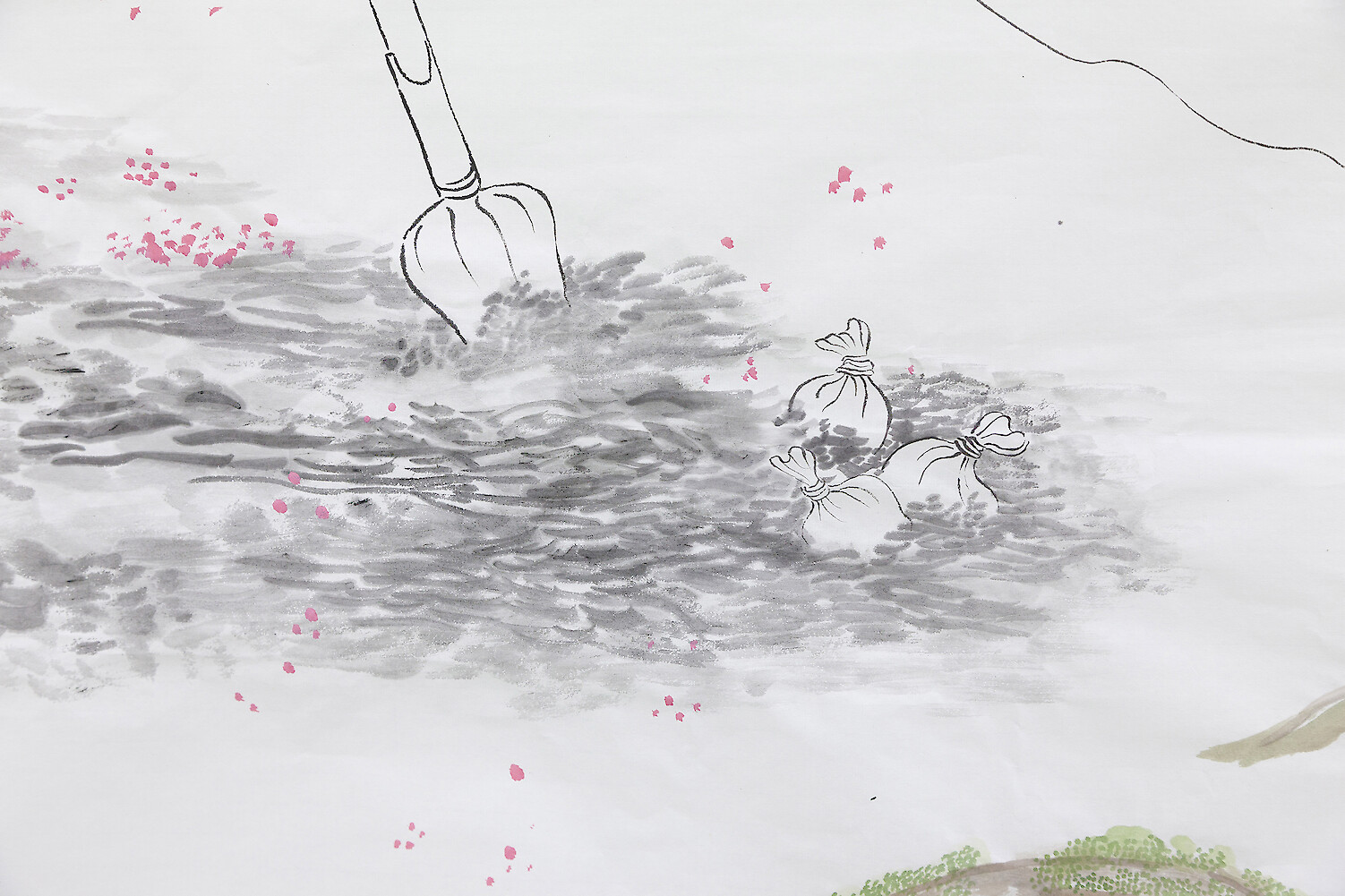 *Bury Flowers*, 2017, ink, mineral color on rice paper, 180 x 96 cm & pencil on A4 paper, 30 x 21 cm