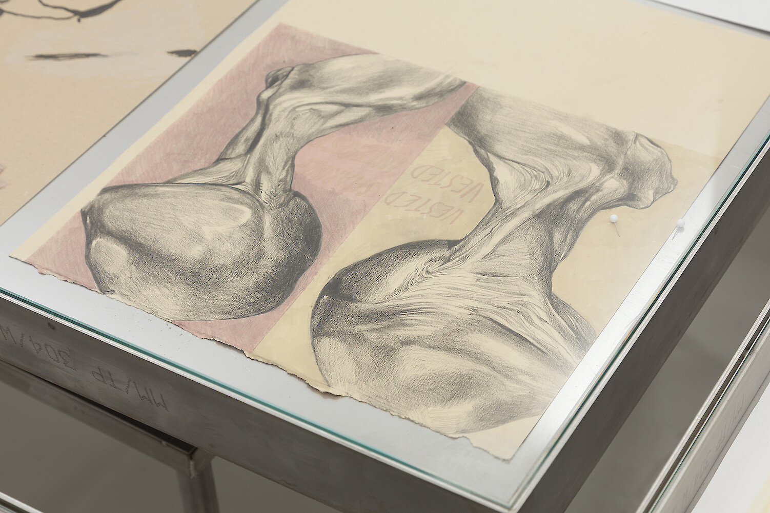 *Vested* (detail view), 2016, Stainless steel vitrine table, Leather Chamoise, Latex, Financial Times, Calligraphy ink, India ink, Shellac, Card, Pencil, Marker, 78.5 x 105 x 185 cm