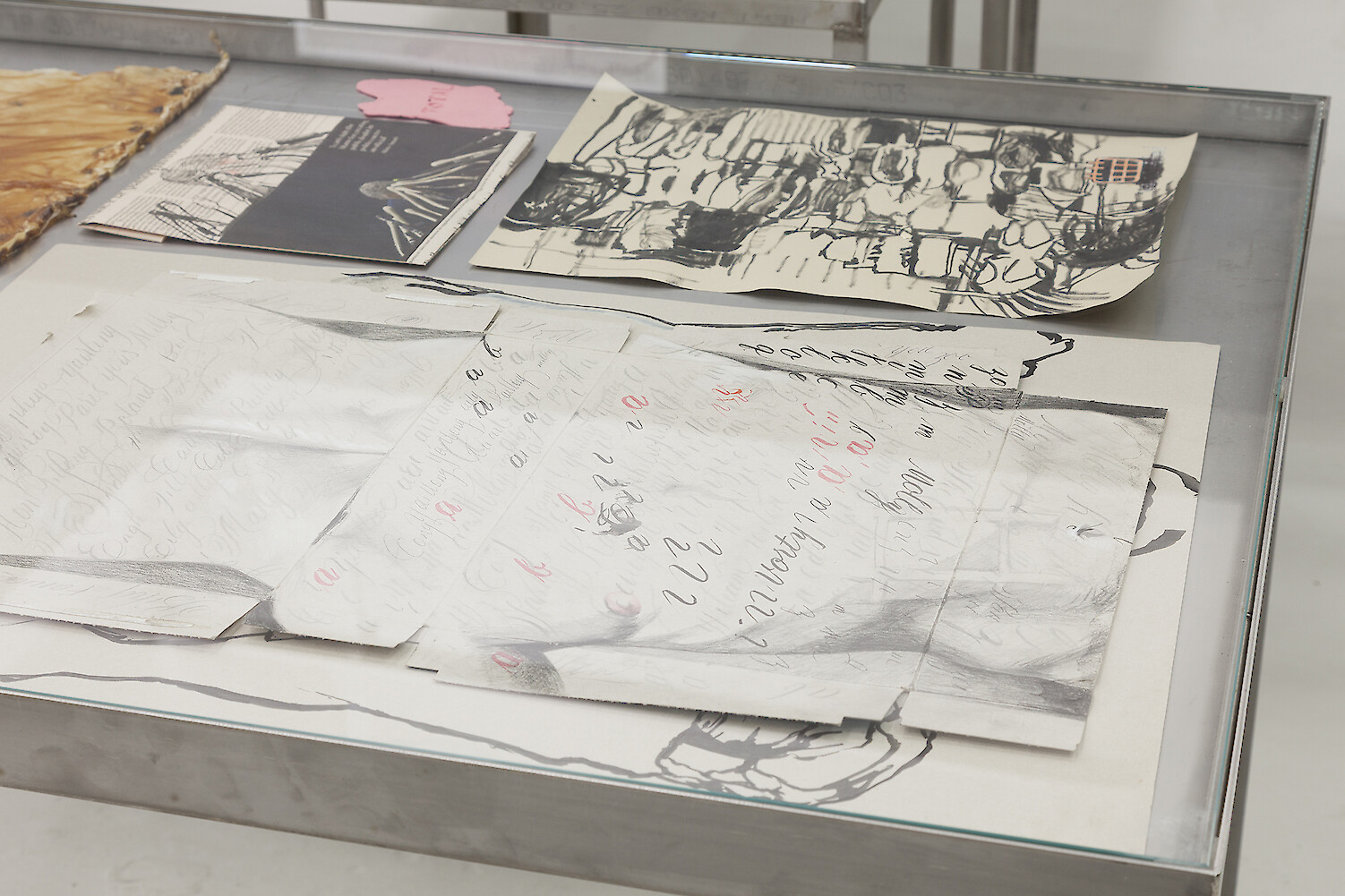 *Total* (detail view), 2016, Stainless steel vitrine table, Latex, Cereal box, Tissue, Calligraphy ink, India ink, Pencil, Paper, Polymer clay, Financial times, 77.5 x 14 x 90 cm