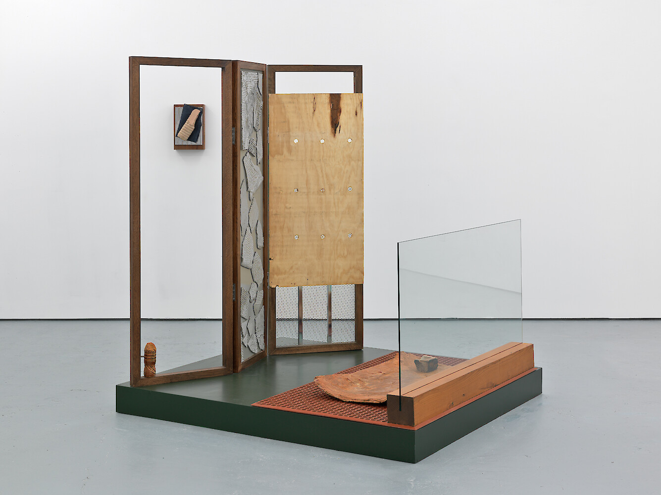 Lloyd Corporation, *Surface Incidents II*, 2011, MDF, mahogany wood stain, miranti, pine boarding, Bombshelter English oak, glass, terracotta cast with iron fillings, concrete, brick, aluminium grate, terracotta multi-purpose rubber mat, 197 x 180 x 160 cm