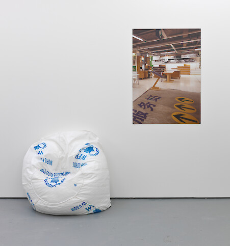 Lloyd Corporation, *Untitled*, 2011, Polypropylene food aid bags (World Food Programme), foam beans, 90 x 75 x 80 cm and Janus (Power Form/Living Form) 2011, Dibond aluminium print, 115 x 81 cm