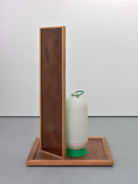 Lloud Corporation, *Surface Incidents I*, 2011, MDF, miranti, green screen paint, epoxy resin, plastic beer line cleaning bottle, 177 x 104 x 104 cm