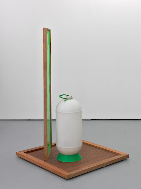 Lloud Corporation, *Surface Incidents I*, 2011, MDF, miranti, green screen paint, epoxy resin, plastic beer line cleaning bottle, 177 x 104 x 104 cm