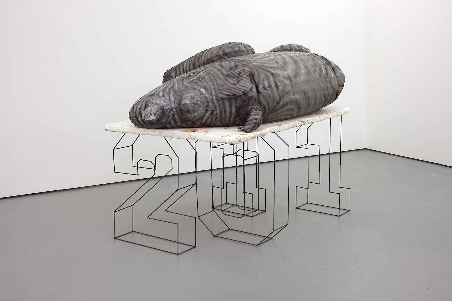 Ed Fornieles, *Contagion*, 2011, Steel, inflatable rhino, polystyrene, 150 x 125 x 230 cm