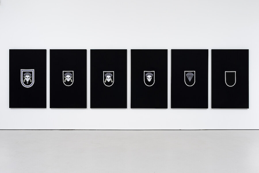 *MP-RJ (OP) (Symbolic Genocide Series)*, 2021, Follmann Borados factory embroidery, 160 x 100 x 4.5 cm each of six panels